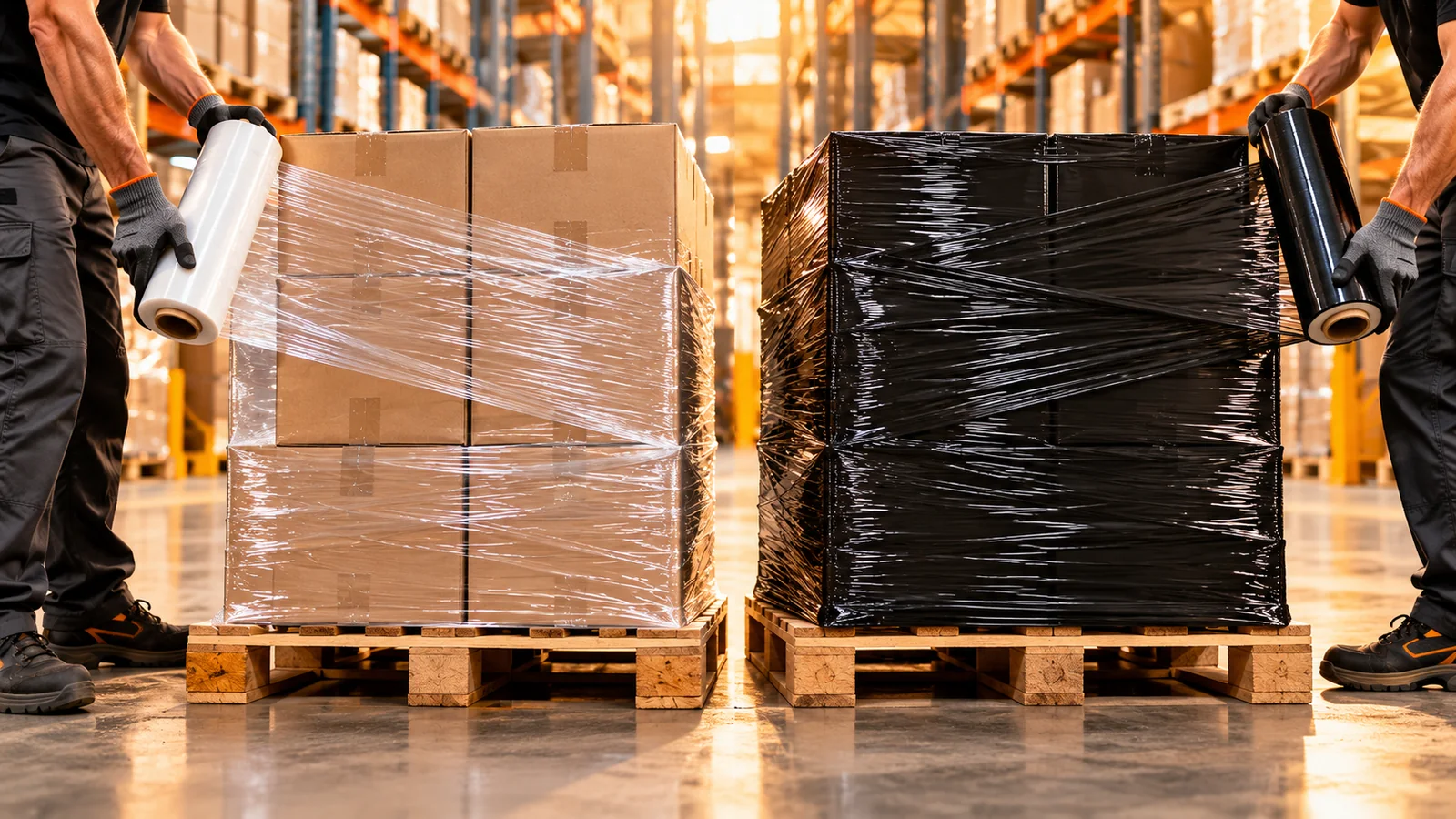 Side-by-side comparison of clear and black stretch film on palletized boxes