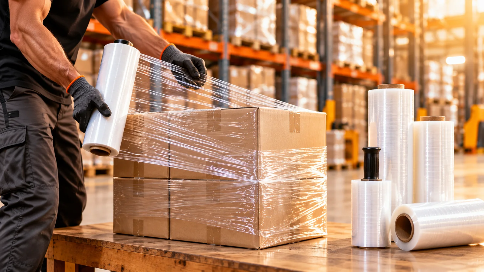 Hand-wrapping a box with JFAM Packaging manual-grade stretch film