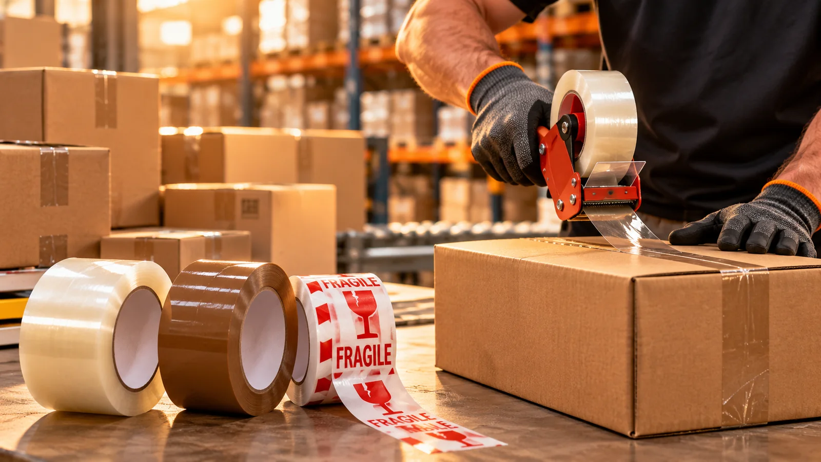 Clear, brown, and fragile packaging tape used to seal a shipping box