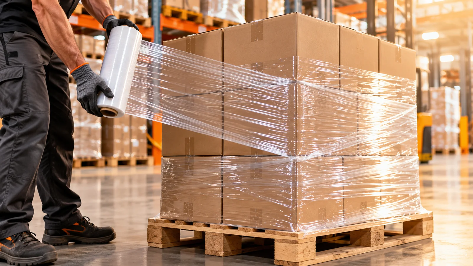 Worker wrapping a pallet with clear stretch film in a warehouse