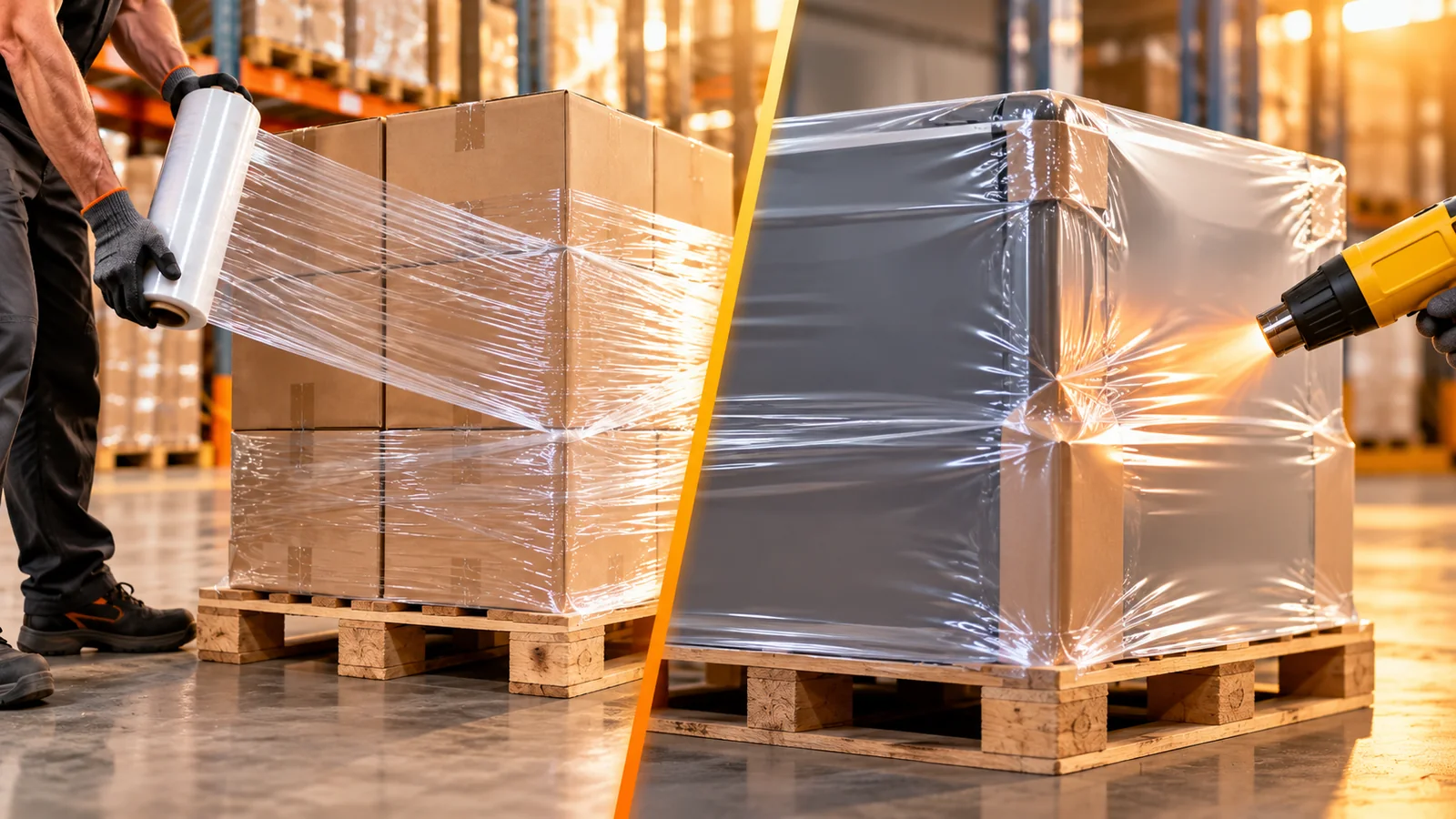 Diagram showing JFAM Packaging stretch wrap versus shrink wrap differences