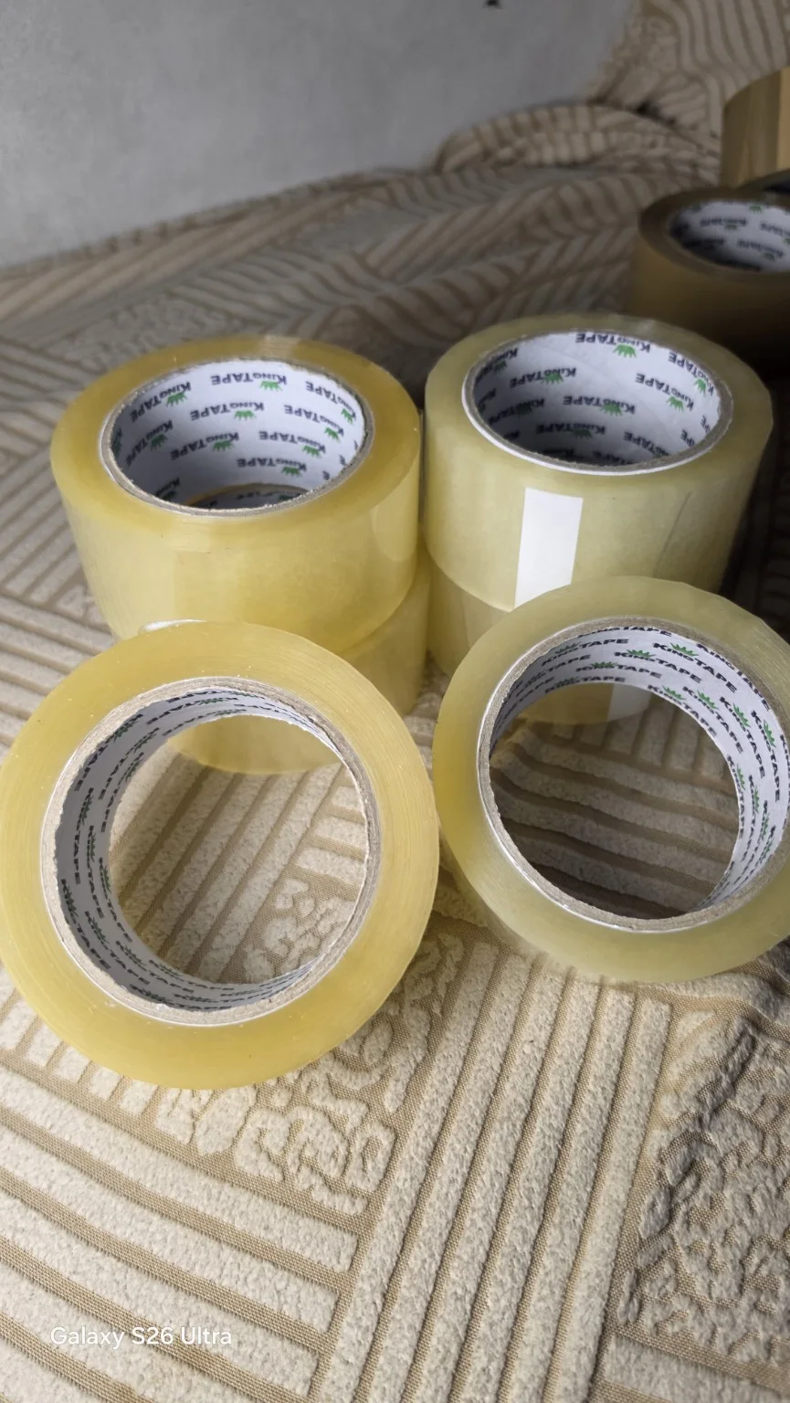 Original JFAM Packaging clear packaging tape rolls for a 43 micron versus 50 micron comparison