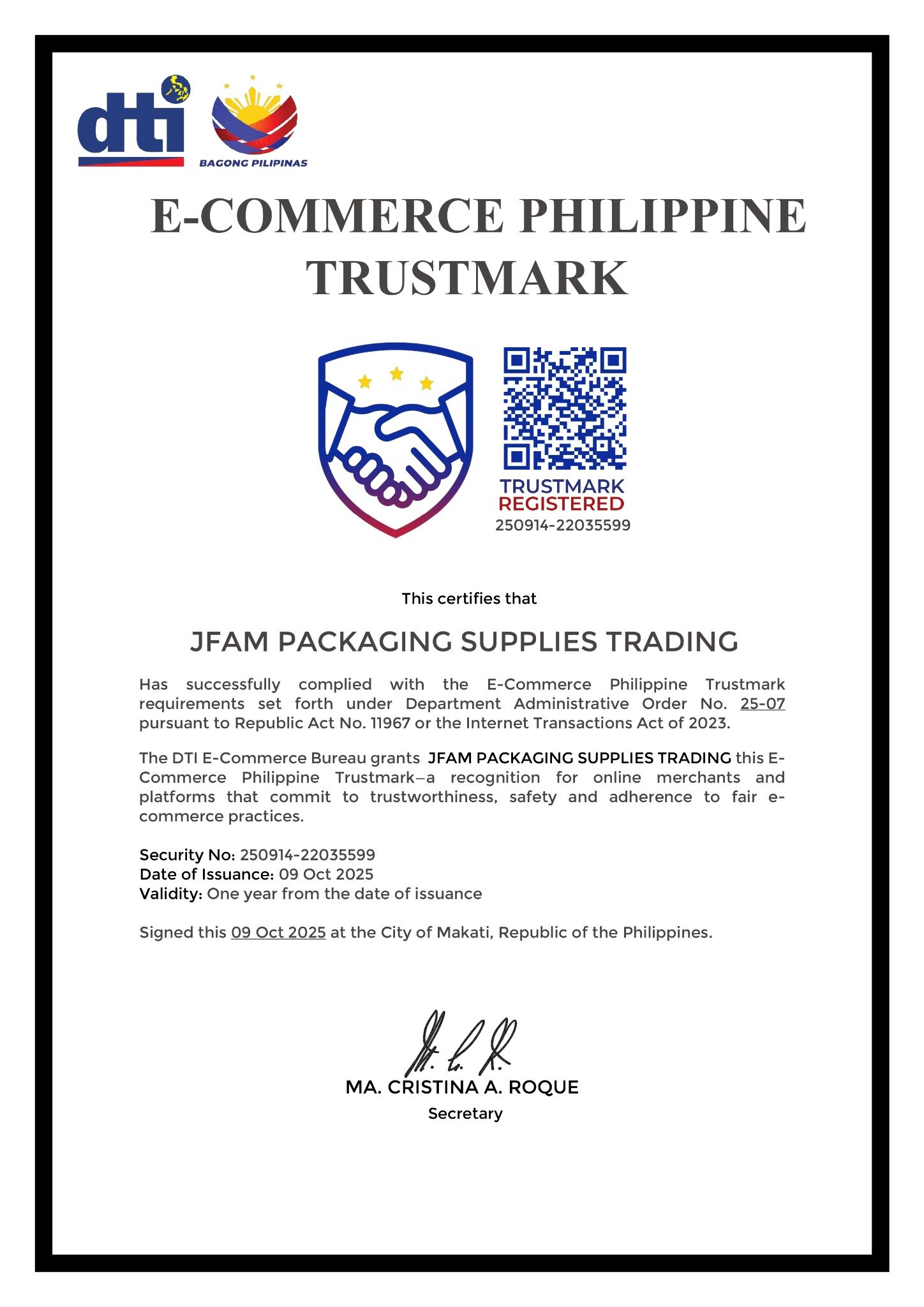DTI E-Commerce Philippine Trustmark certificate of JFAM Packaging Supplies Trading, Security No. 250914-22035599, issued 09 October 2025