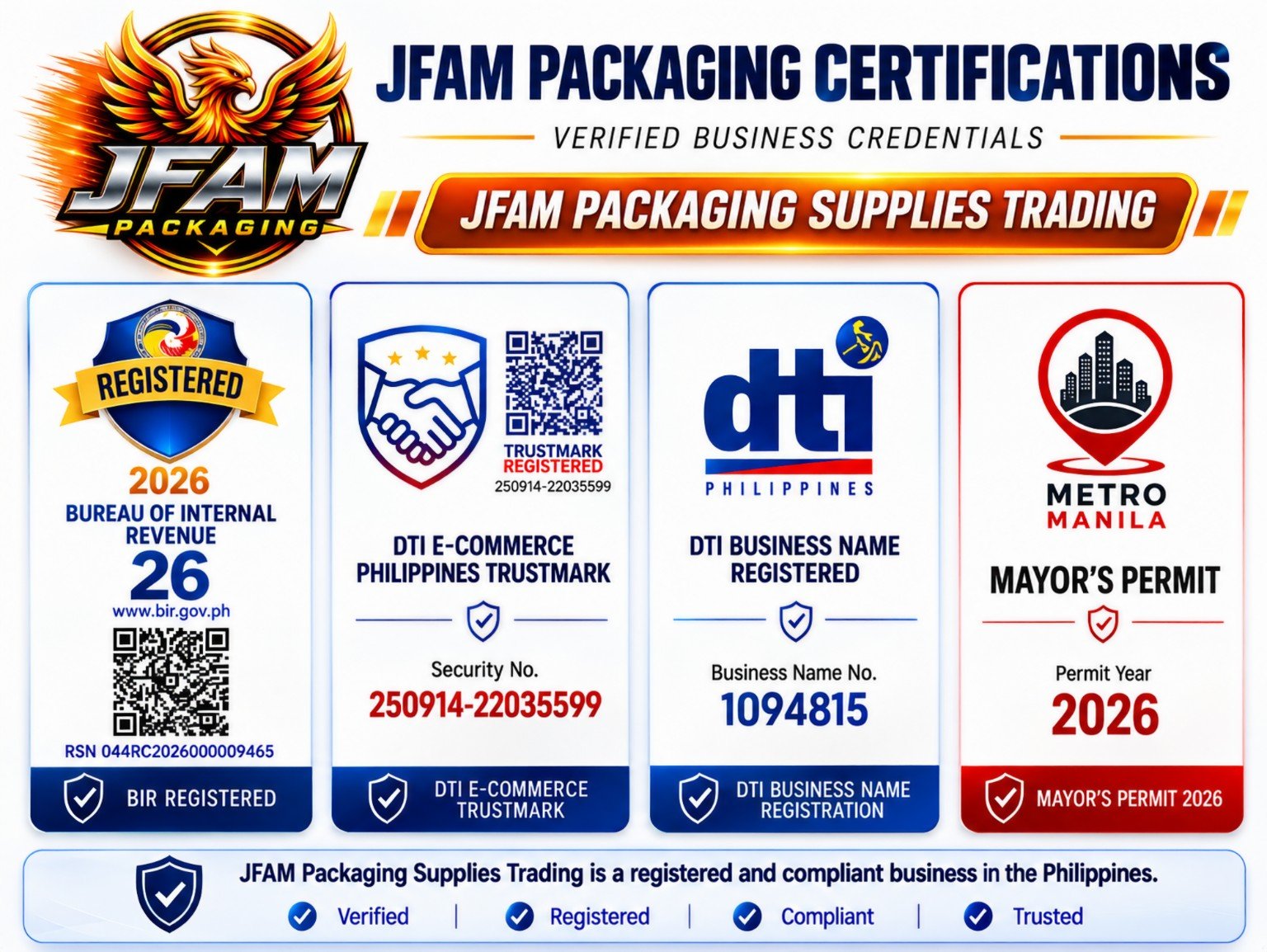 JFAM Packaging Certifications - BIR Registered, DTI E-Commerce Trustmark, DTI Business Name Registered, Mayor's Permit 2026
