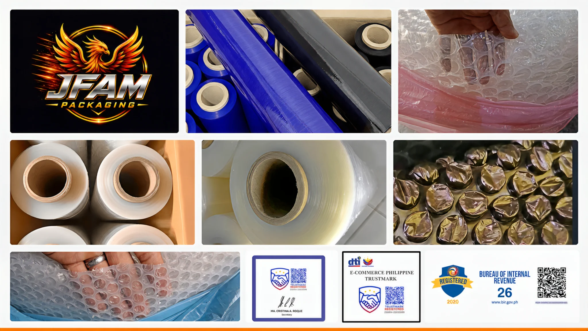 JFAM Packaging stretch film, bubble wrap, and packaging tape supplier in Metro Manila with DTI Trustmark and BIR registration
